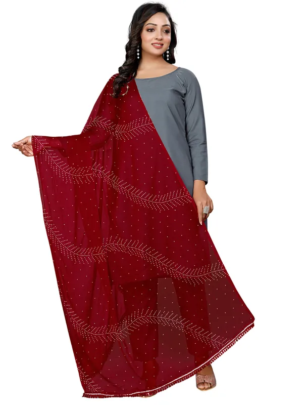 Stone_Work_Chiffon_Dupatta_With_Leaf_Vines_Tassel_Lace_Maroon