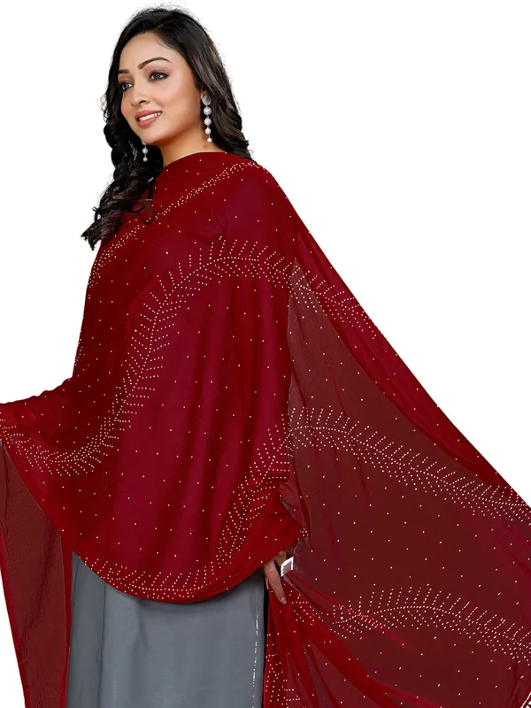 Stone_Work_Chiffon_Dupatta_With_Leaf_Vines_Tassel_Lace_Maroon
