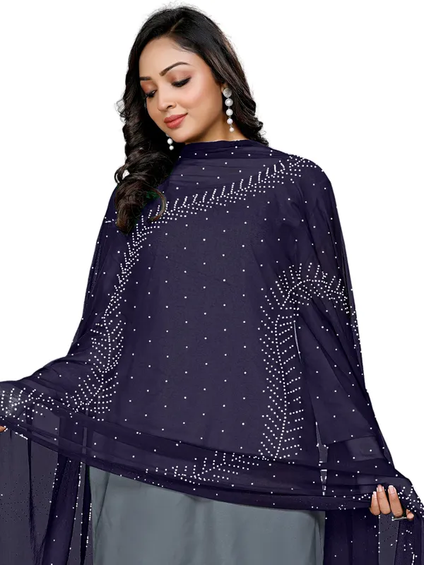 Stone_Work_Chiffon_Dupatta_With_Leaf_Vines_Tassel_Lace_Navy_Blue