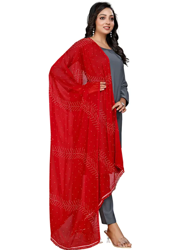 Stone_Work_Chiffon_Dupatta_With_Leaf_Vines_Tassel_Lace_Red