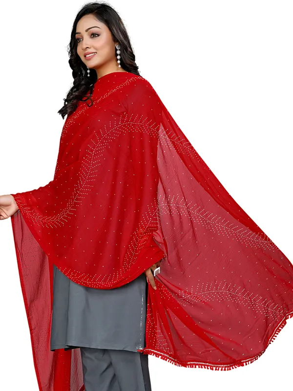 Stone_Work_Chiffon_Dupatta_With_Leaf_Vines_Tassel_Lace_Red