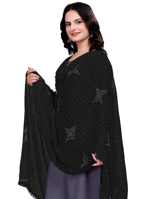 Stone_Work_Chiffon_Dupatta_With_Flower_Motifs_Tassel_Lace_Black