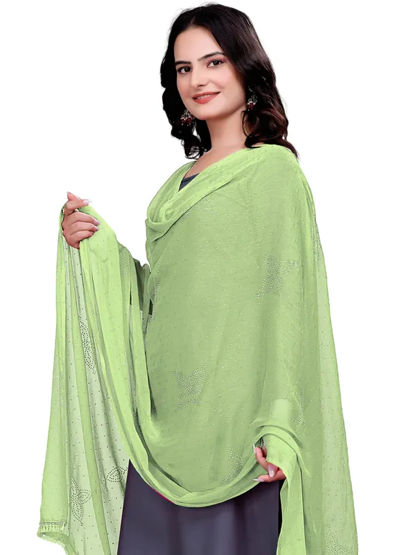 Stone_Work_Chiffon_Dupatta_With_Flower_Motifs_Tassel_Lace_Pista_Green