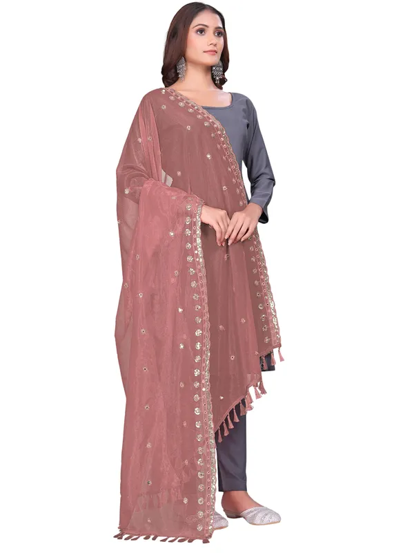Mirror_Work_Organza_Dupatta_With_Sequin_Border_Tassels_Brown