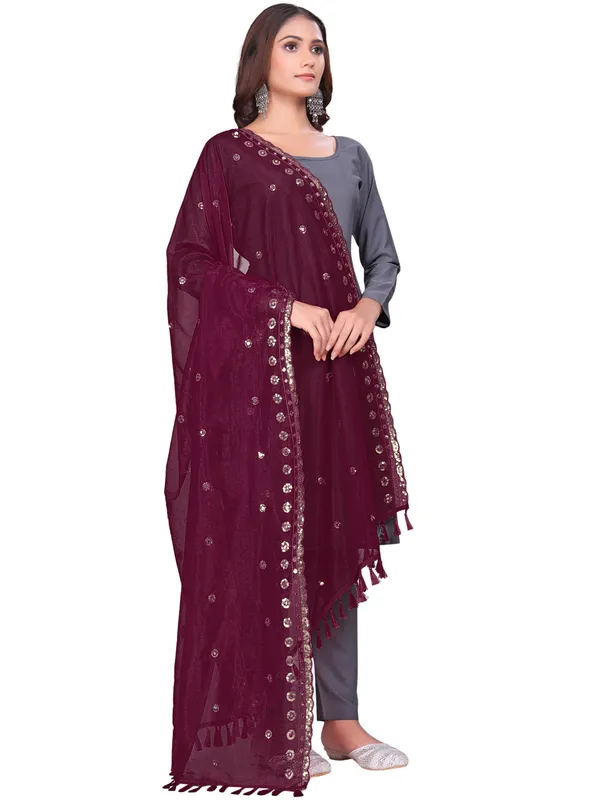 Mirror_Work_Organza_Dupatta_With_Sequin_Border_Tassels_Maroon