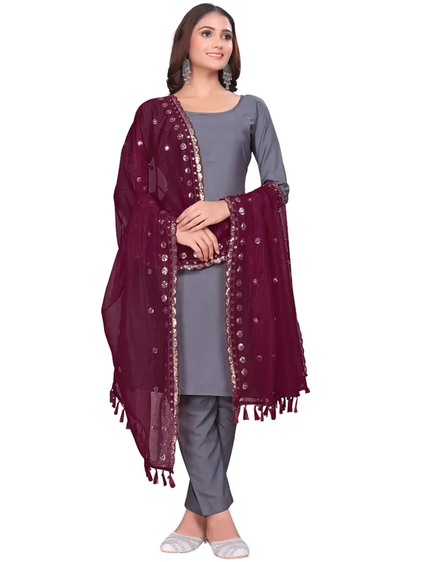 Mirror_Work_Organza_Dupatta_With_Sequin_Border_Tassels_Maroon