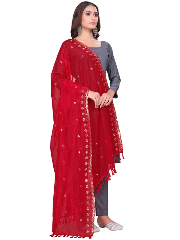 Mirror_Work_Organza_Dupatta_With_Sequin_Border_Tassels_Red