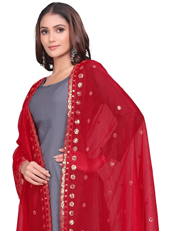 Mirror_Work_Organza_Dupatta_With_Sequin_Border_Tassels_Red