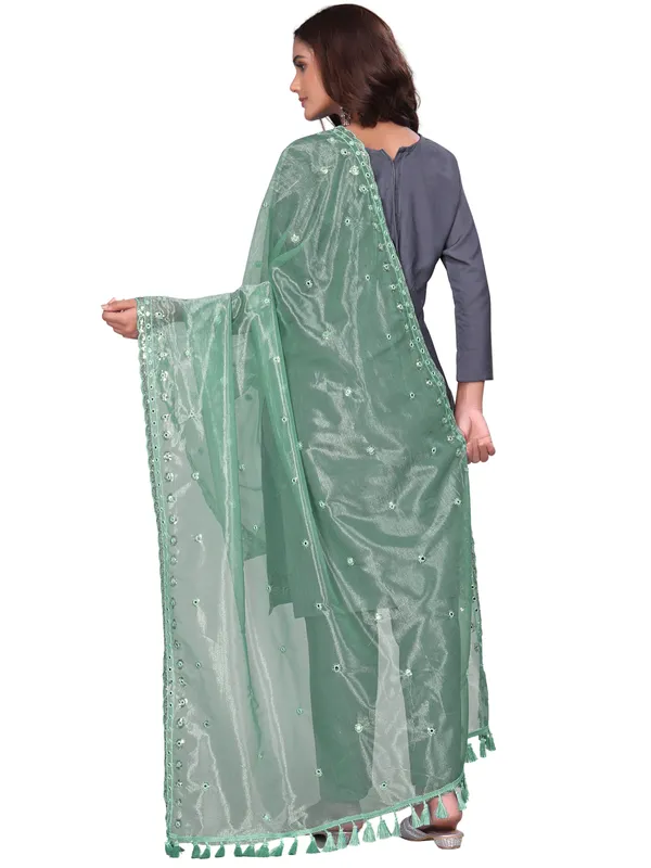 Mirror_Work_Organza_Dupatta_With_Sequin_Border_Tassels_Pista_Green