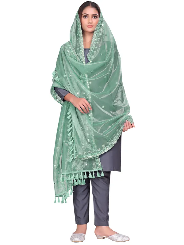 Mirror_Work_Organza_Dupatta_With_Sequin_Border_Tassels_Pista_Green