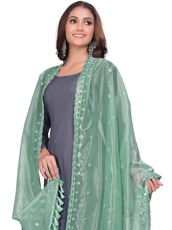 Mirror_Work_Organza_Dupatta_With_Sequin_Border_Tassels_Pista_Green