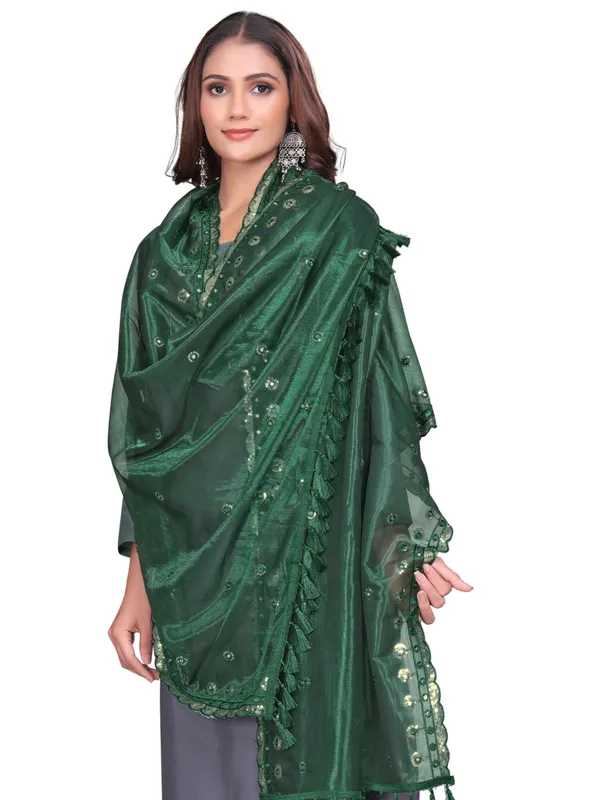 Mirror_Work_Organza_Dupatta_With_Sequin_Border_Tassels_Green