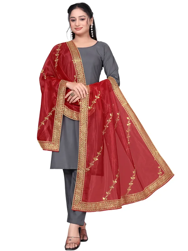 Zari_Embroidered_Organza_Dupatta_With_Sequin_Lace_Border_Red