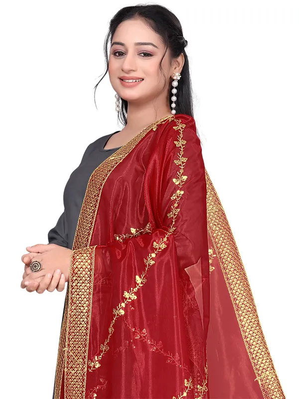 Zari_Embroidered_Organza_Dupatta_With_Sequin_Lace_Border_Red
