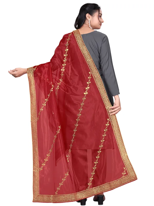 Zari_Embroidered_Organza_Dupatta_With_Sequin_Lace_Border_Red