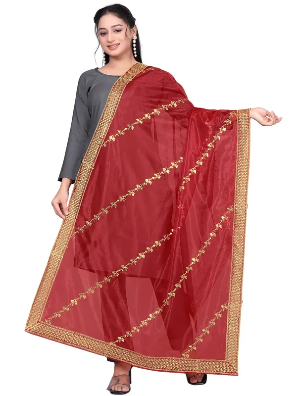 Zari_Embroidered_Organza_Dupatta_With_Sequin_Lace_Border_Red