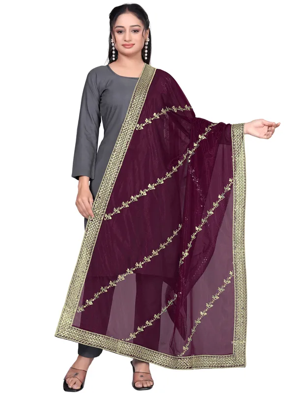 Zari_Embroidered_Organza_Dupatta_With_Sequin_Lace_Border_Wine