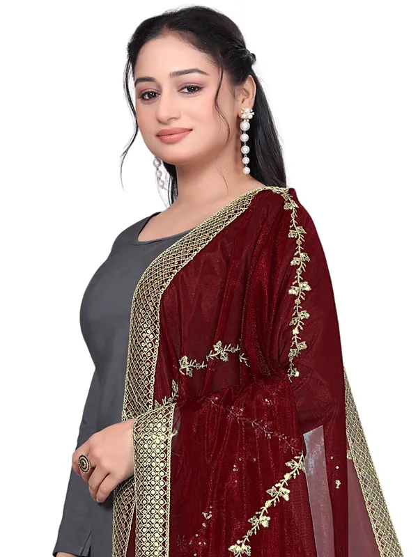 Zari_Embroidered_Organza_Dupatta_With_Sequin_Lace_Border_Maroon