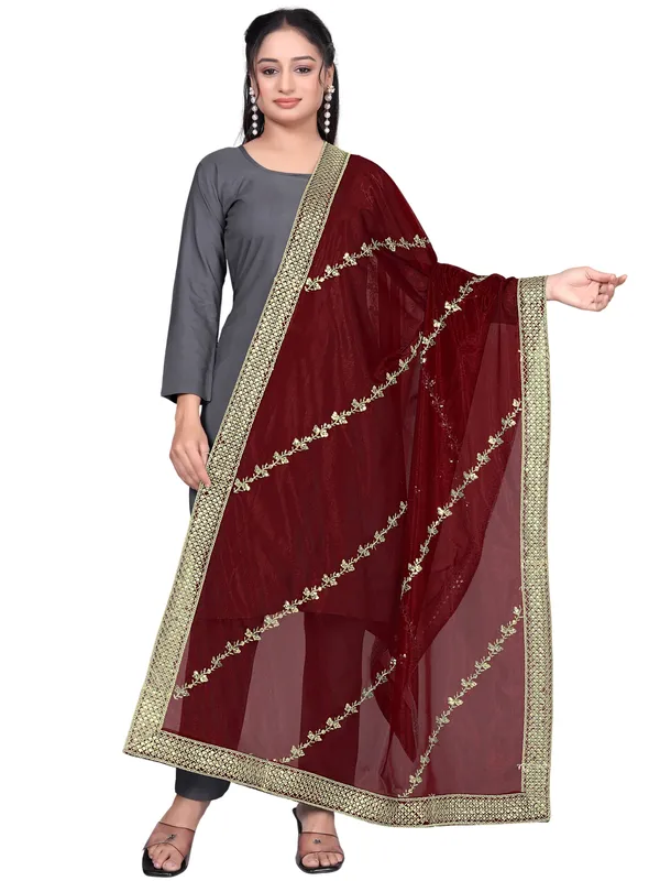 Zari_Embroidered_Organza_Dupatta_With_Sequin_Lace_Border_Maroon