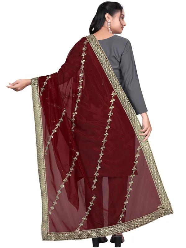 Zari_Embroidered_Organza_Dupatta_With_Sequin_Lace_Border_Maroon