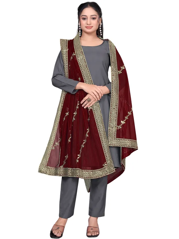 Zari_Embroidered_Organza_Dupatta_With_Sequin_Lace_Border_Maroon