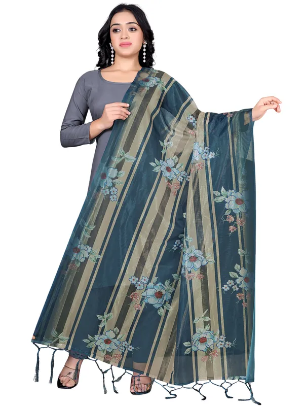 Organza_Dupatta_For_Women_Floral_Digital_Print_With_Tassels_Navy_Blue
