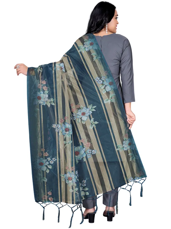 Organza_Dupatta_For_Women_Floral_Digital_Print_With_Tassels_Navy_Blue