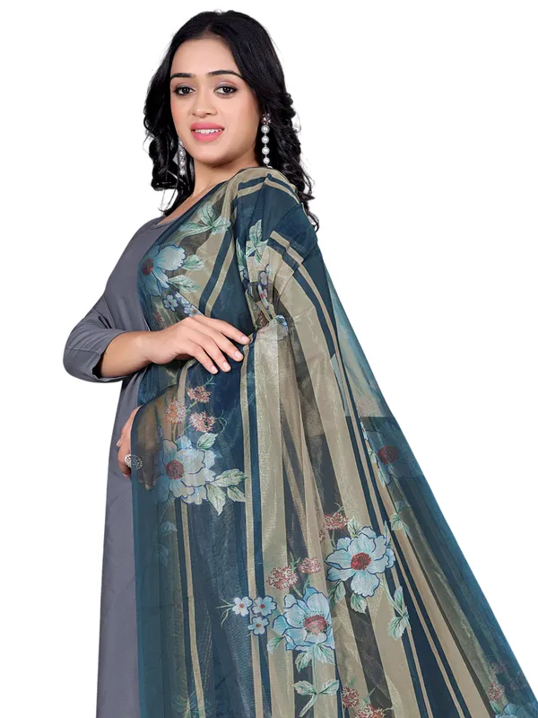 Organza_Dupatta_For_Women_Floral_Digital_Print_With_Tassels_Navy_Blue