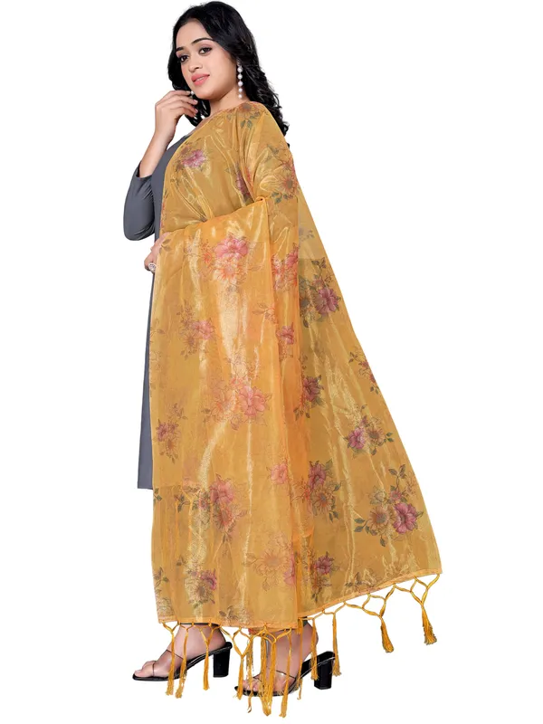 Organza_Dupatta_For_Women_Floral_Digital_Print_With_Tassels_Mustard_Yellow