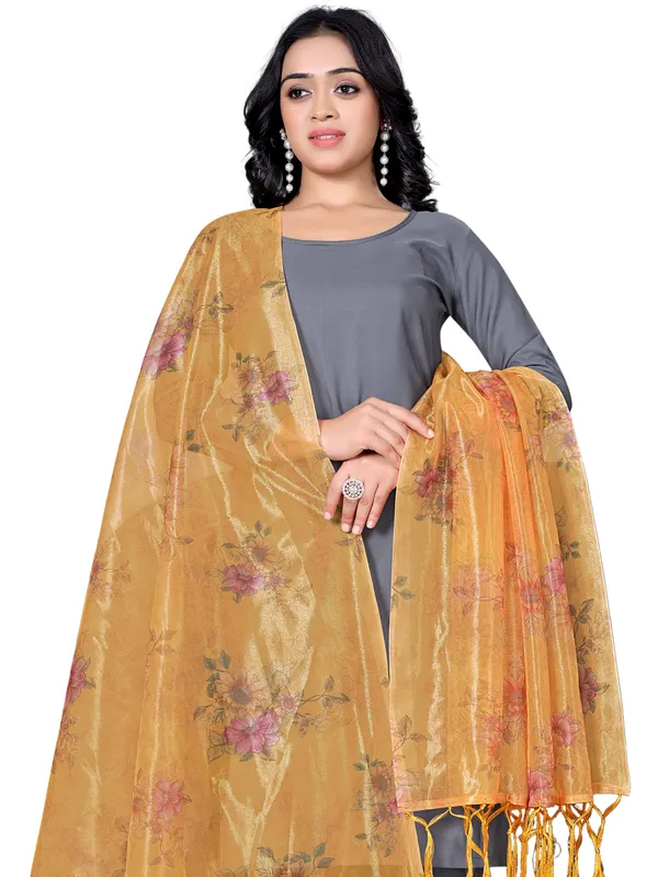 Organza_Dupatta_For_Women_Floral_Digital_Print_With_Tassels_Mustard_Yellow