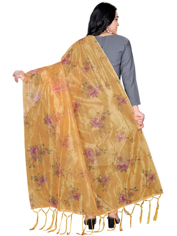 Organza_Dupatta_For_Women_Floral_Digital_Print_With_Tassels_Mustard_Yellow