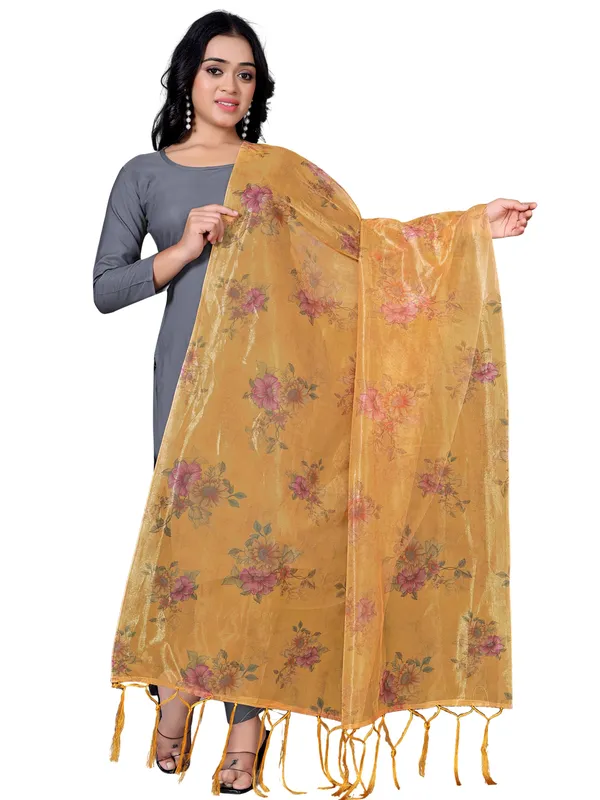 Organza_Dupatta_For_Women_Floral_Digital_Print_With_Tassels_Mustard_Yellow