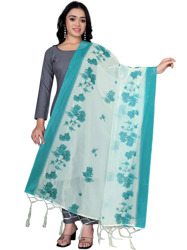 Organza_Dupatta_For_Women_Floral_Digital_Print_With_Tassels_Rama_Green