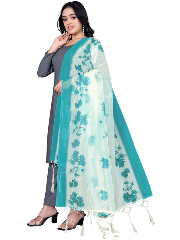 Organza_Dupatta_For_Women_Floral_Digital_Print_With_Tassels_Rama_Green