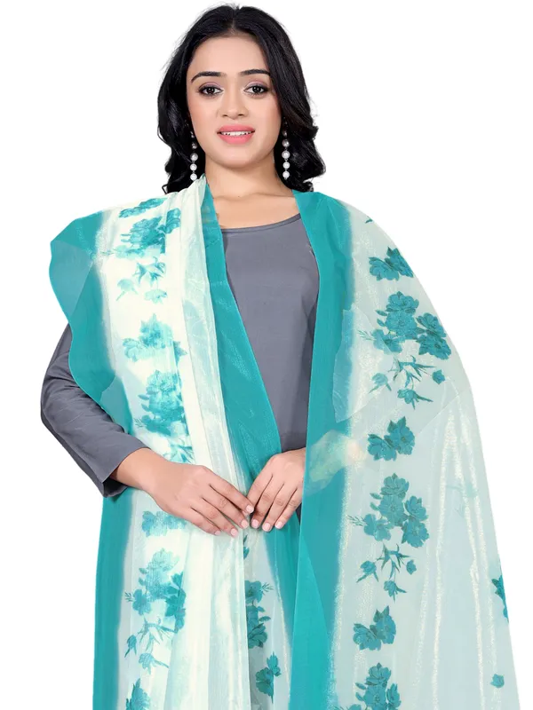 Organza_Dupatta_For_Women_Floral_Digital_Print_With_Tassels_Rama_Green