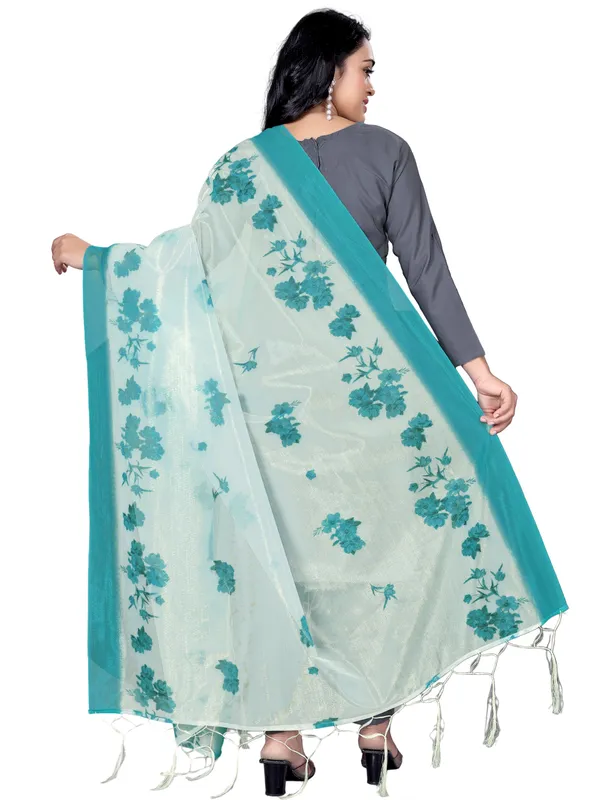 Organza_Dupatta_For_Women_Floral_Digital_Print_With_Tassels_Rama_Green