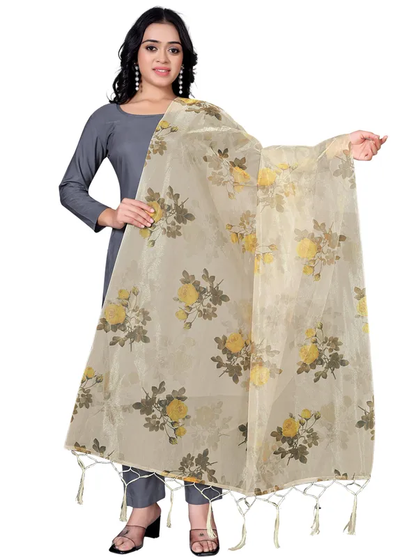 Organza_Dupatta_For_Women_Floral_Digital_Print_With_Tassels_Beige