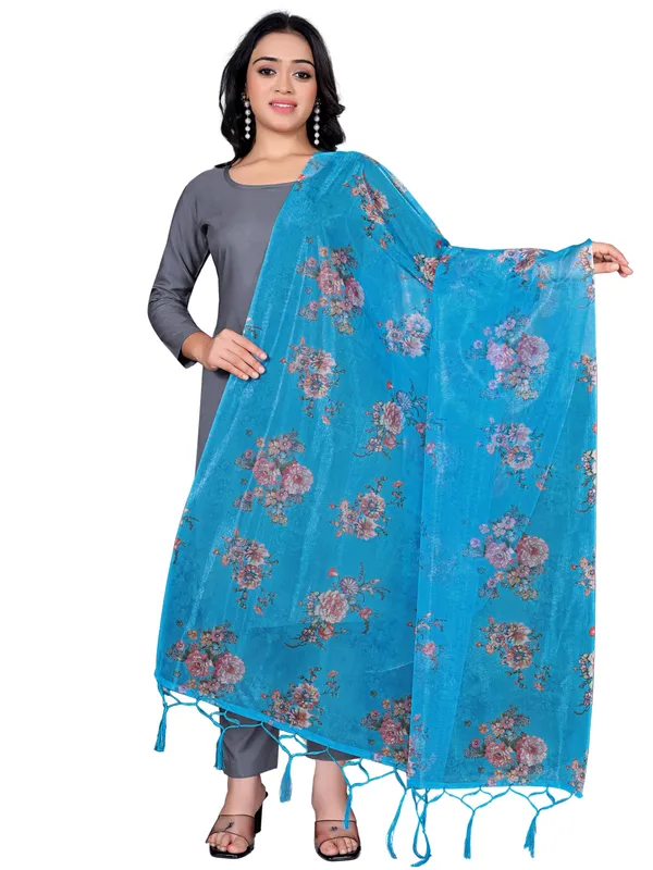 Organza_Dupatta_For_Women_Floral_Digital_Print_With_Tassels_Sky_Blue