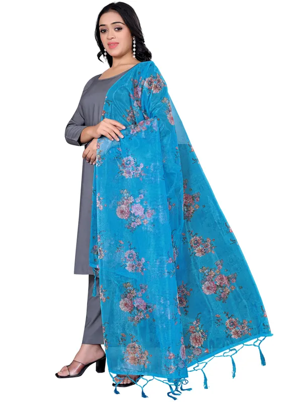 Organza_Dupatta_For_Women_Floral_Digital_Print_With_Tassels_Sky_Blue