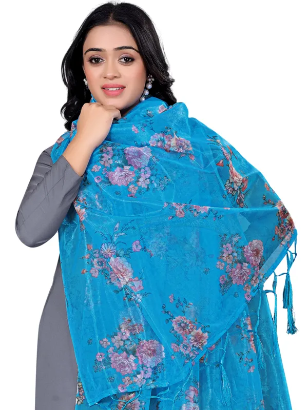 Organza_Dupatta_For_Women_Floral_Digital_Print_With_Tassels_Sky_Blue