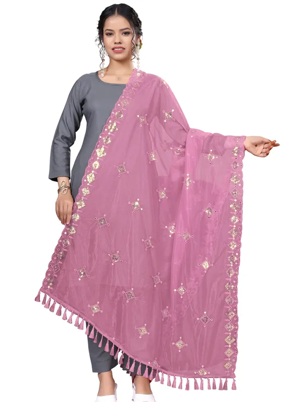 Organza_Embroidered_Dupatta_With_Sequins_Mirror_Work_Tassels_Onion_Pink