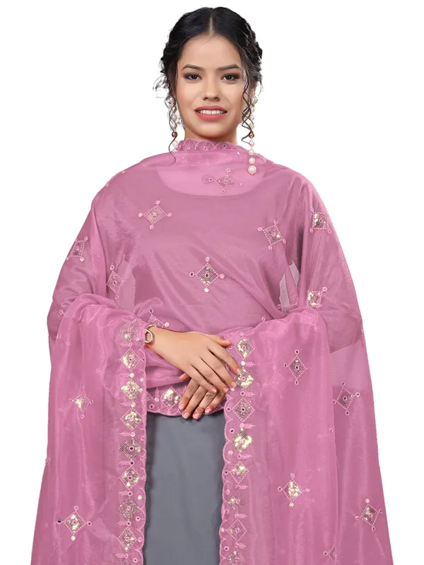 Organza_Embroidered_Dupatta_With_Sequins_Mirror_Work_Tassels_Onion_Pink