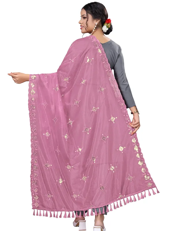 Organza_Embroidered_Dupatta_With_Sequins_Mirror_Work_Tassels_Onion_Pink