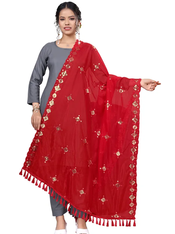 Organza_Embroidered_Dupatta_With_Sequins_Mirror_Work_Tassels_Red
