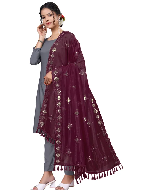 Organza_Embroidered_Dupatta_With_Sequins_Mirror_Work_Tassels_Wine