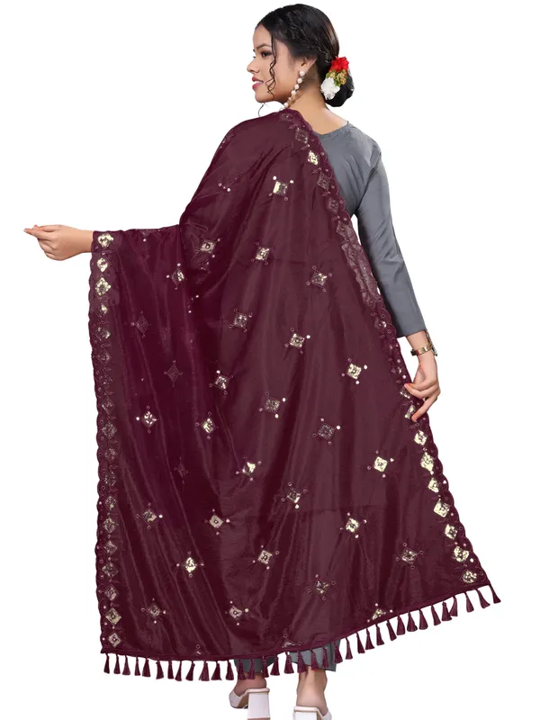 Organza_Embroidered_Dupatta_With_Sequins_Mirror_Work_Tassels_Wine
