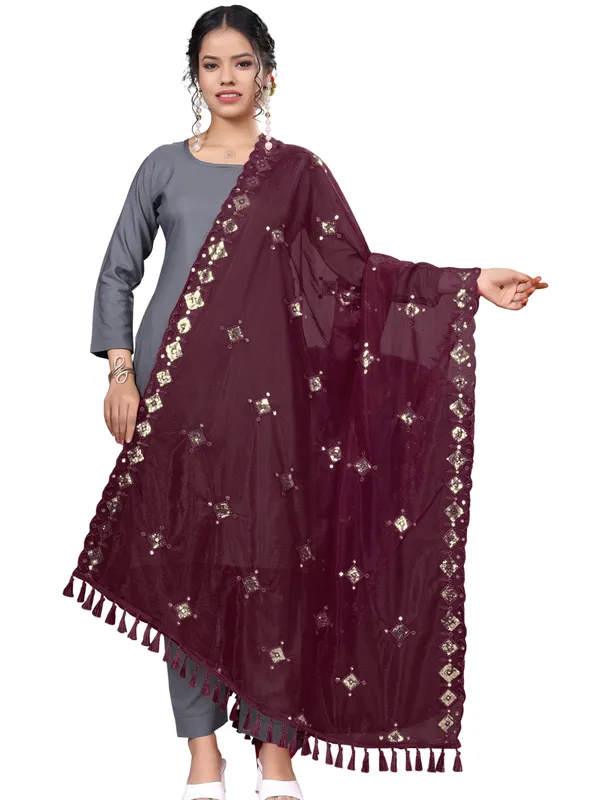 Organza_Embroidered_Dupatta_With_Sequins_Mirror_Work_Tassels_Wine