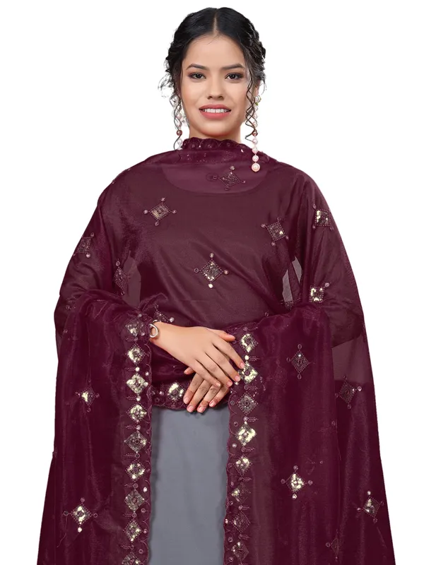 Organza_Embroidered_Dupatta_With_Sequins_Mirror_Work_Tassels_Wine