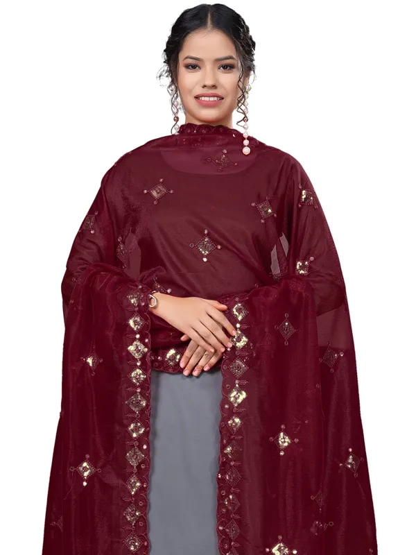Organza_Embroidered_Dupatta_With_Sequins_Mirror_Work_Tassels_Maroon