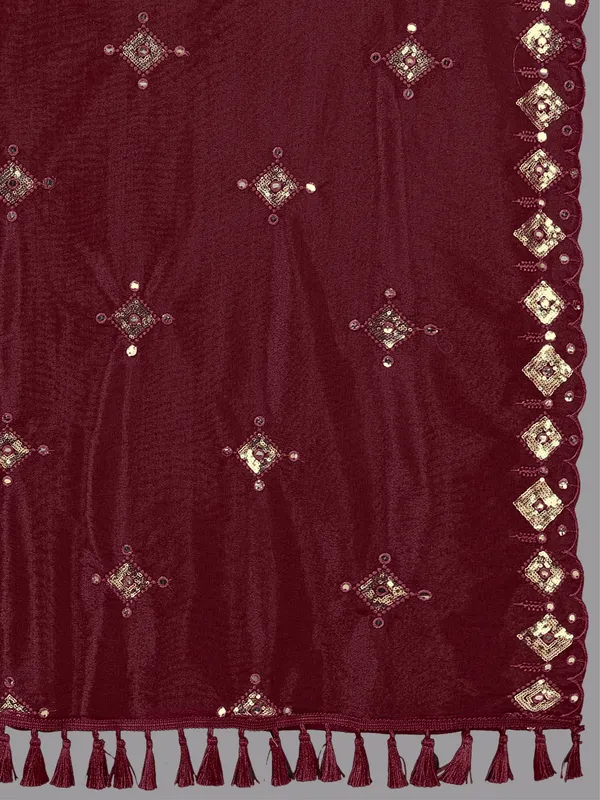 Organza_Embroidered_Dupatta_With_Sequins_Mirror_Work_Tassels_Maroon